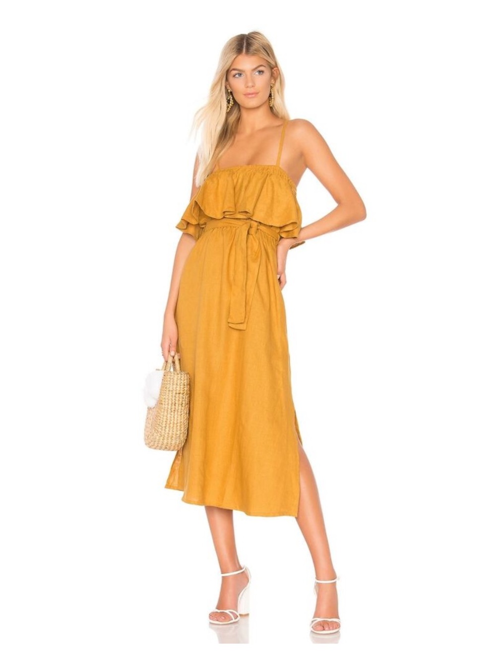 FAITHFULL THE BRAND Santo Mustard Marigold Ruffled 100% Linen midi Maxi Dress 2